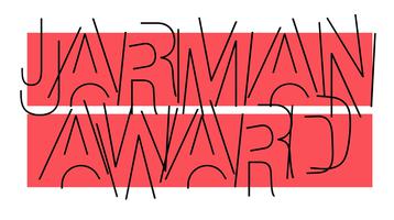 Jarman Award 2020 identity. Black line writing against a red and white backdrop
