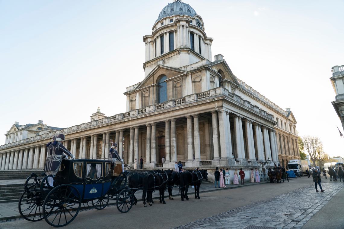 On the set of Bridgerton season 3 at London's Old Royal Navy College. Credit: Liam Daniel/Netflix, 2024
