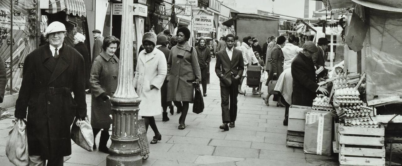 Image of London market in black and white