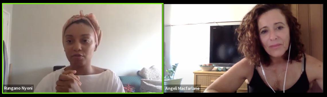 Angeli Macfarlane and Rungano Nyoni on Zoom call as part of Film London Labs: The Writers Sessions
