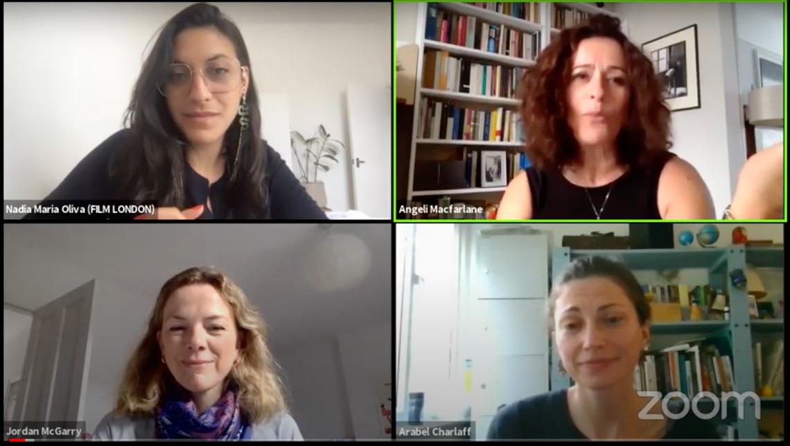 Film London's Jordan McGarry and Nadia Oliva with Angeli Macfarlane and Arabel Charlaff on Zoom call as part of Film London Labs: The Writers Sessions