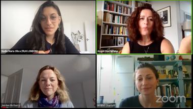 Film London's Jordan McGarry and Nadia Oliva with Angeli Macfarlane and Arabel Charlaff on Zoom call as part of Film London Labs: The Writers Sessions