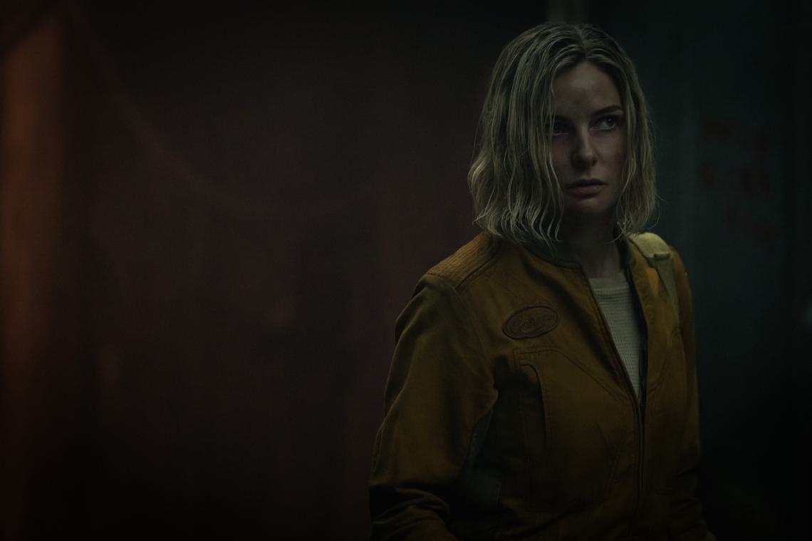 Blonde Actress Rebecca Ferguson in a still from TV show Silo