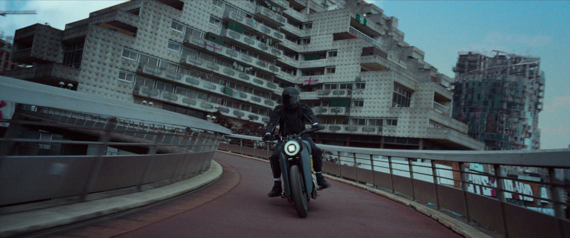 Motorcycle chase scene from The Kitchen, Dir. Kibwe Tavares and Daniel Kaluuya, Netflix 2024