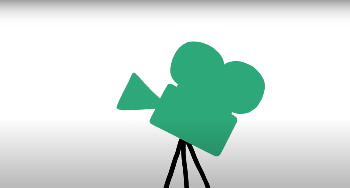 Green Screen EU branding. A green cartoon camera against a white background.